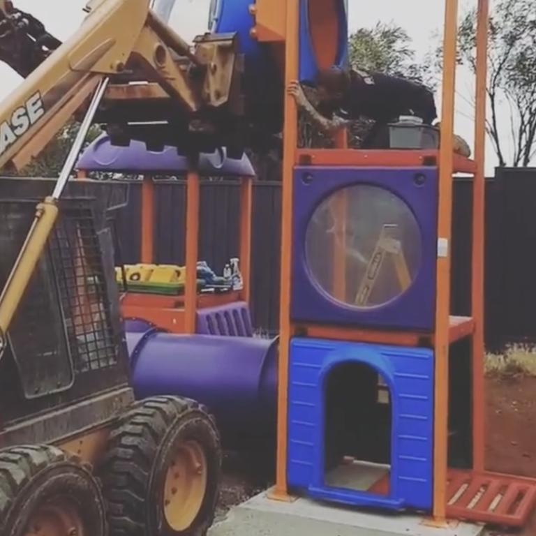 The tattoo artist and her tradie husband purchased an old Macca’s playground off eBay. Picture: Instagram/@tattoomaggie