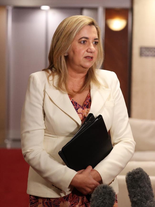 Premier Annastacia Palaszczuk speaks about her MP Jim Madden outside a caucus meeting at parliament house. Picture: Liam Kidston