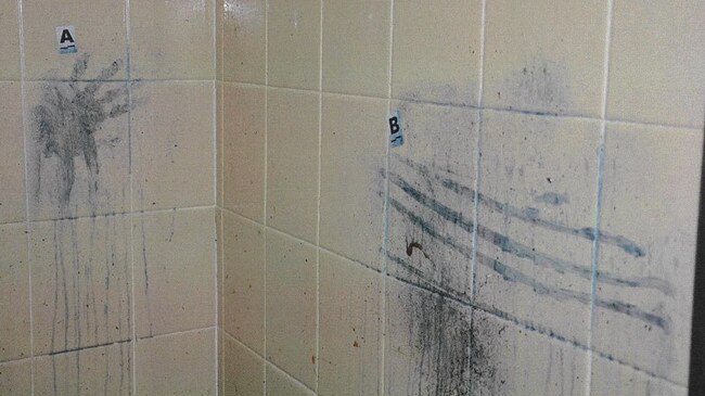 Bloodstains found in the shower were Hassan Baydoun’s body was found (after being treated with a chemical fingerprint enhancer). Picture: Supplied.