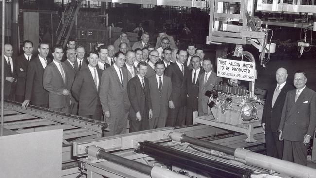 The first engine built at Geelong for the Ford Falcon, 29 April 1960. Picture: Supplied.