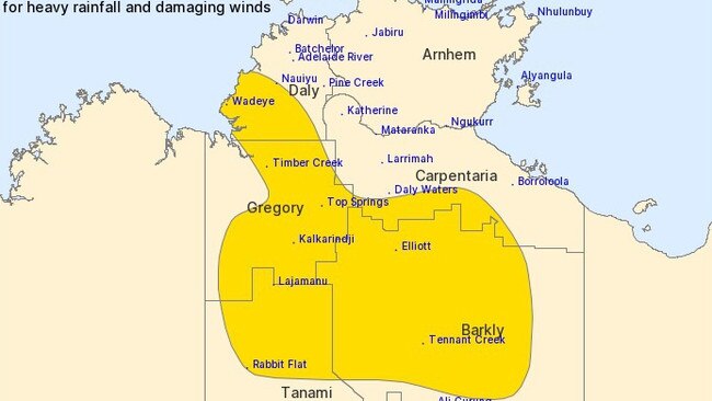 The Bureau of Meteorology issued a severe weather warning for the Daly, Carpentaria, Barkly, and Tanami districts. Picture: Bureau of Meteorology