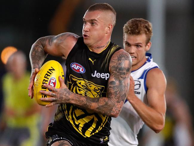 Dustin Martin of the Tigers in action during the AFL 2018 JLT Community Series match between the Richmond Tigers and North Melbourne