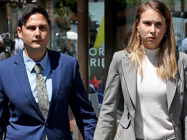 SYDNEY, AUSTRALIA - NewsWire Photos FEBRUARY, 26, 2021: Blake Davis and Hannah Quinn during lunch break at Darlinghurst Court in Sydney. NSW. Picture: NCA NewsWire / Dylan Coker