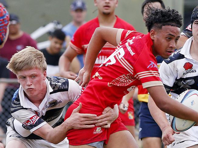 Dennishely Taukafa for Tonga with the ball. U16 Boys 5th Place play-off. Barbarians v Tonga. 2024 Pasifiika Cup Rugby Union at Whalan Reserve. Picture: John Appleyard