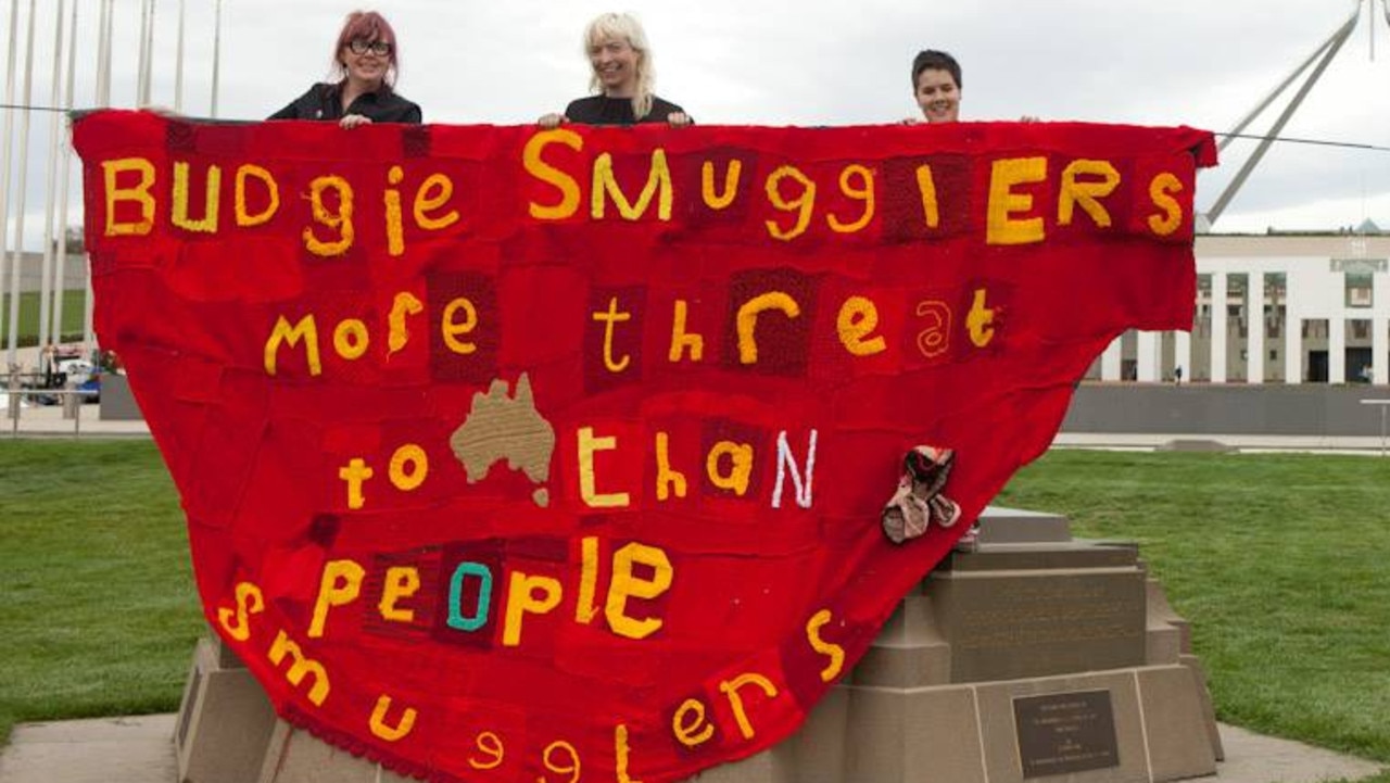 Casey Jenkins with a budgie smuggler banner she made ahead of the 2013 federal election.