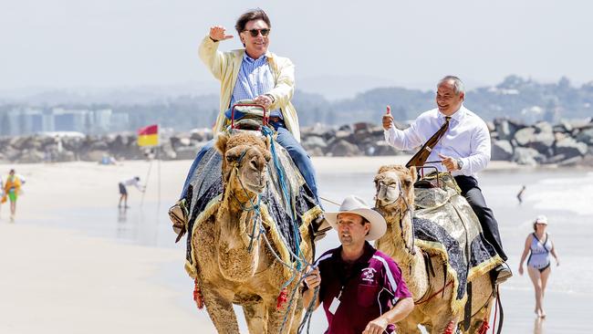 Opera Australia’s artistic director Lyndon Terracini and The Mayor of the City of Gold Coast Tom Tate riding camels Daisy and Sid to promote a performance of Aida on Coolangatta Beach. Picture: Jerad Williams