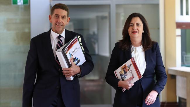 Mr Dick and Queensland Premier Annastacia Palaszczuk arrive to deliver their state’s COVID-delayed budget. Picture: Getty Images