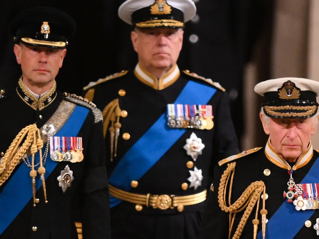 King Charles lll, Prince Andrew, Duke of York and Prince Edward, Earl of Wessex attend a vigil, following the death of Queen Elizabeth ll, inside Westminster Hall on September 16. Picture: Daniel Leal – WPA Pool / Getty Images