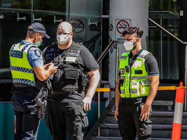 PERTH, AUSTRALIA  - NewsWire Photos FEBRUARY 1, 2021: Security guards The Four Points by Sheraton Hotel the source of a recent Covid scare as  Perth starts its first day of a 5 day lockdown after a man tested positive to Covid 19. Picture: NCA NewsWire / Tony McDonough