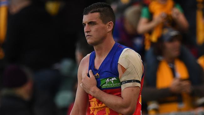 Tom Rockliff injured his shoulder in the final minutes of Brisbane’s loss to Hawthorn. Picture: AAP