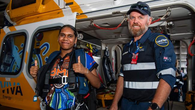 Emma lewis and Brendon Kiley Flight at the Careflight Hangar in Darwin. Picture: Pema Tamang Pakhrin