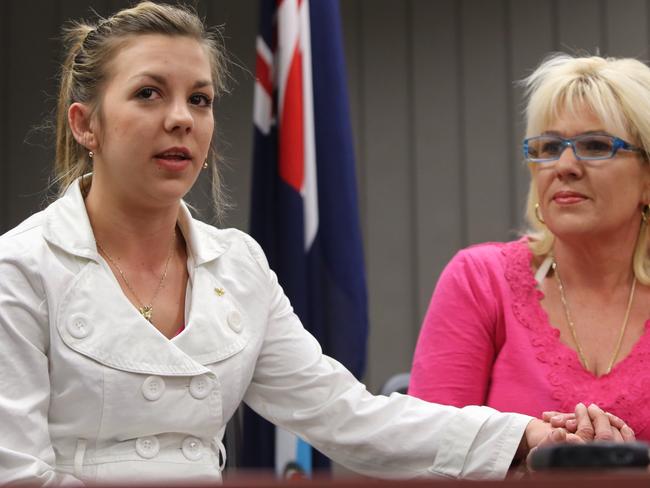 Chloe Taylor and Leanne Dillon, sister and mother to Tiffany Taylor, talk to the media. Picture: Jono Searle