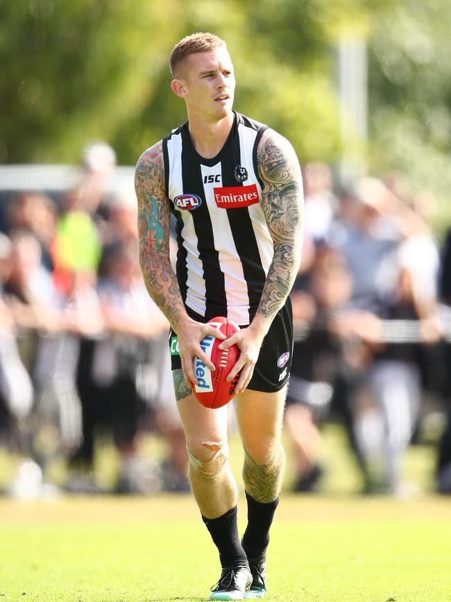 Collingwood’s Dayne Beams runs with the ball during the practice match against Melbourne at Olympic Park Oval. Picture: Scott Barbour/Getty