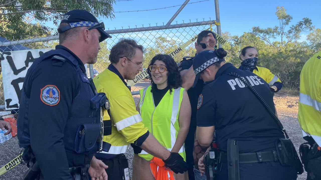 Binybara Camp protester Jessica Black and others were removed from the Lee Point development site as land clearing begins on Tuesday, April 30. Picture: Zizi Averill