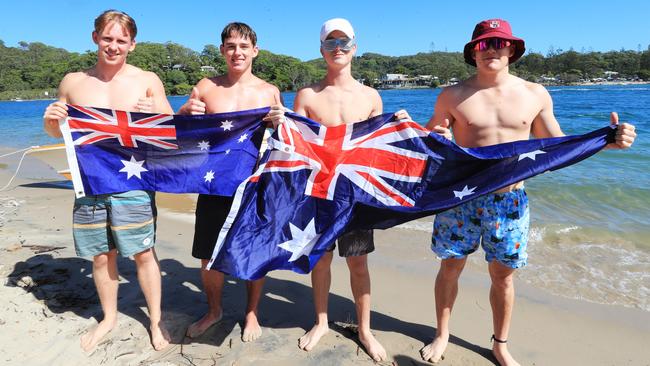 Celebrating Australia Day at Tallebudgera Creek were Callum McCarthy, Josh Sharkey, Mack Keen and Dylan Tait from the Gold Coast Photo: Scott Powick