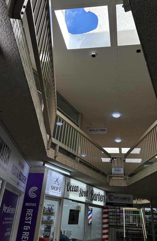 The skylight a 20-year-old fell through in an Ocean St arcade in Maroochydore.