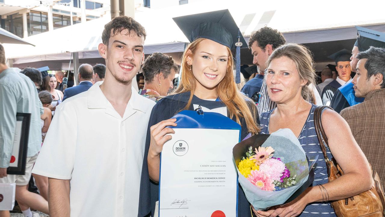 Tim Maclean, Cassidy Maclean and Donna Maclean at Deakin University’s environmental science graduation. Picture: Brad Fleet