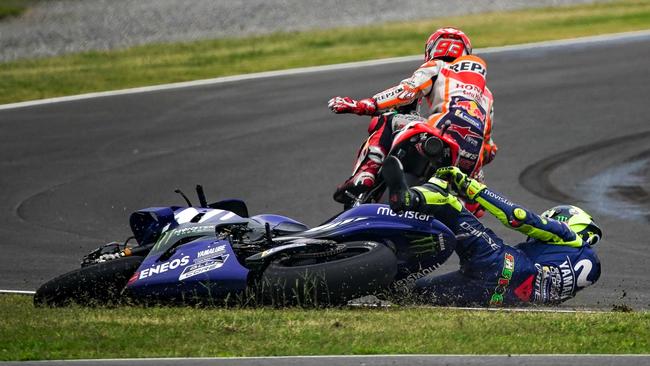 Marc Marquez and Valentino Rossi collide during the Grand Prix of Argentina. Pic: MotoGP.com