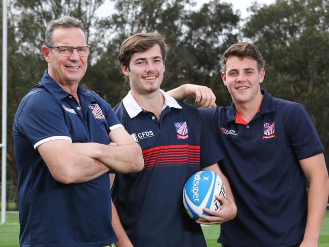 Pictured at Easts Rugby Club in Woollahra in Sydney is Hamish McCathie with his sons Jack and Max.The family has bought memberships to all 11 Shute Shield Clubs to support rugby in these tough times.Picture: Richard Dobson