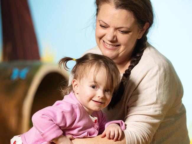 MELBOURNE, MAY 30, 2024: Maisie, 2 and her mother Amanda pictured at Monash Childrens Hospital. A major study of vulnerable Victorian babies shows it is possible to accurately predict those likely to develop cerebral palsy (CP) years earlier than previously thought. Picture: Mark Stewart