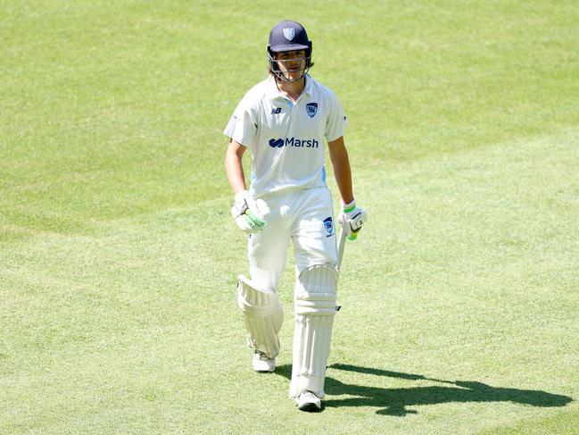 Sam Konstas walks off after being dismissed in the first innings. Picture: Josh Chadwick/Getty Images.