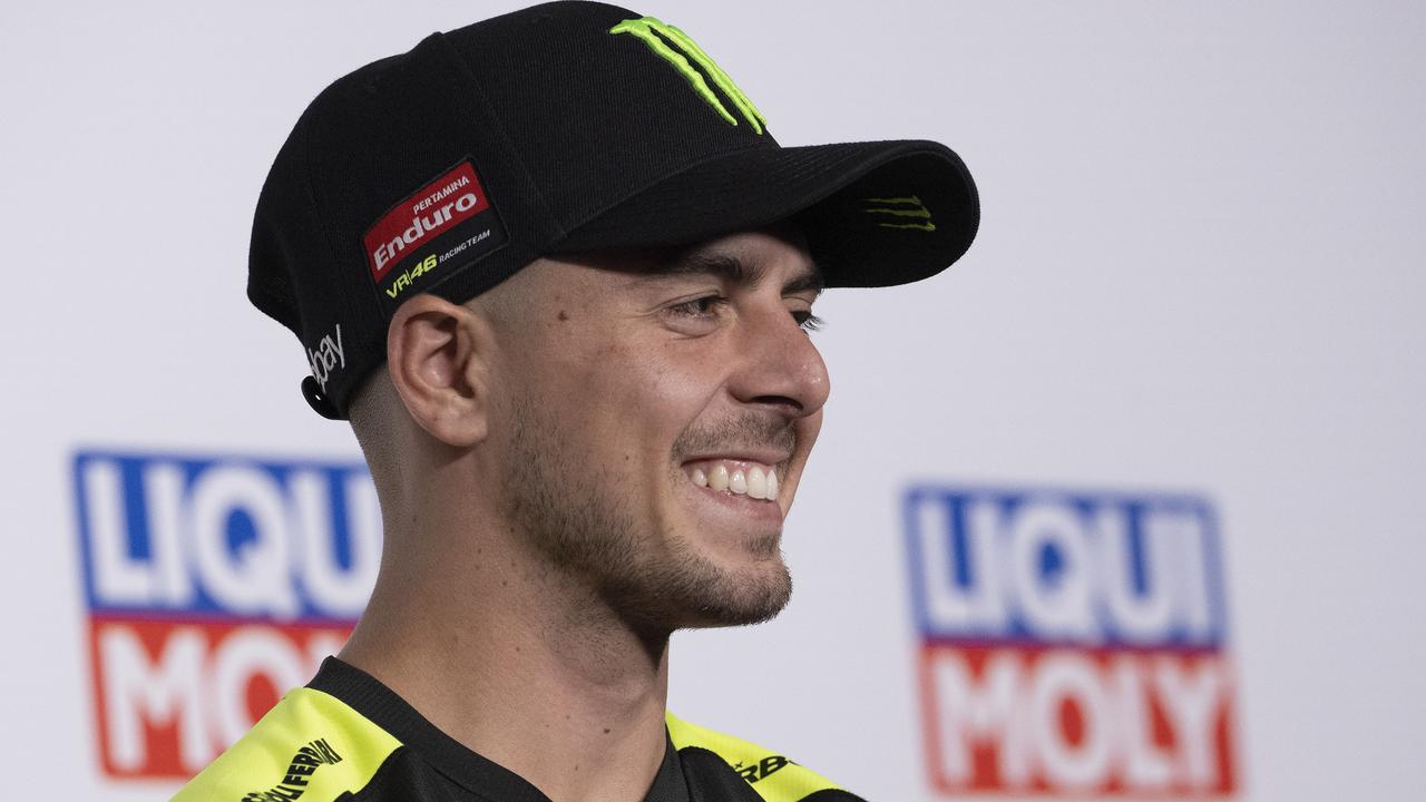 HOHENSTEIN-ERNSTTHAL, GERMANY - JULY 04: Fabio Di Giannantonio of Italy and Pertamina Enduro VR46 Racing Team smiles during the press conference pre-event during the MotoGP Of Germany - Previews at Sachsenring Circuit on July 04, 2024 in Hohenstein-Ernstthal, Germany. (Photo by Mirco Lazzari gp/Getty Images)