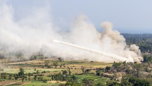 A US Army M142 High Mobility Artillery Rocket System (HIMARS) fires in Puslatpur, Indonesia during Exercise Super Garuda Shield 2023. The federal government announced in August that it would more than double its order of Lockheed Martin HIMARS launchers to 42, for delivery from 2026-27. Photo: Defence