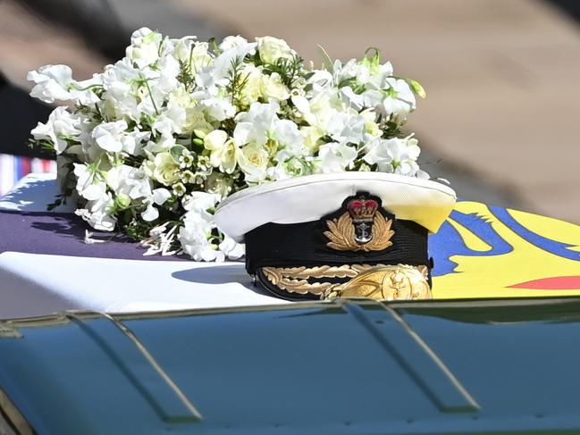 The Duke of Edinburgh's Royal navy cap sits on his coffin. Picture: Leon Neal/WPA Pool/Getty Images