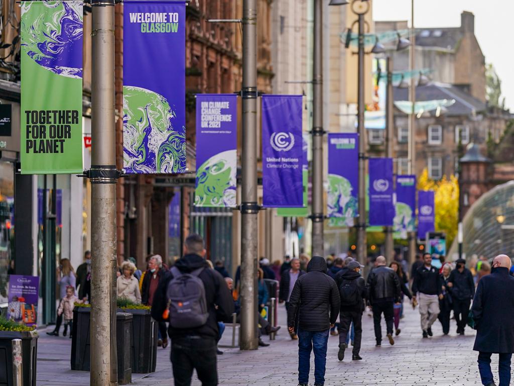 Banners advertising the upcoming COP26 climate talks line a precinct in Glasgow. Picture: Ian Forsyth/Bloomberg via Getty Images