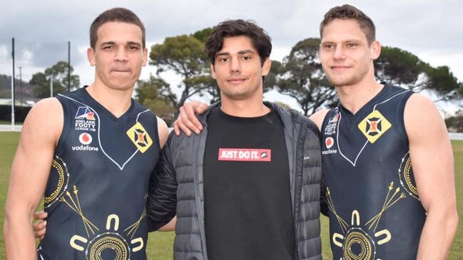 Scotch Old Collegians footballer Jy Farrar (right) with teammate Ash Johnson (left) and Adelaide Crows and former Scotch player Shane McAdam (centre). Picture: Scotch Old Collegians Football Club