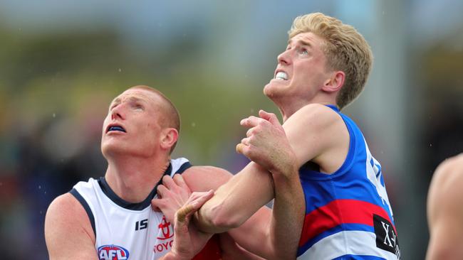 Adelaide veteran Sam Jacobs battles Bulldog Tim English in the Round 23 game at Ballarat. Picture: Michael Klein