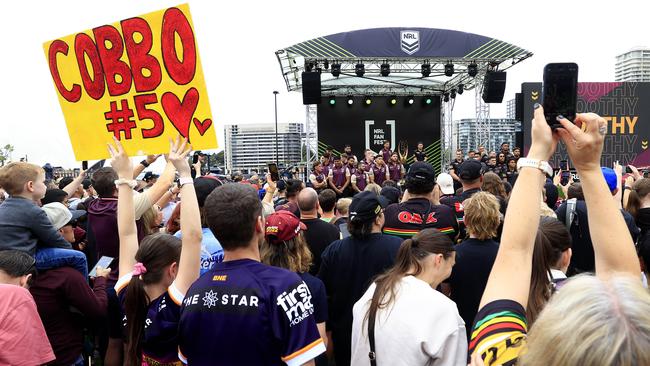 The Broncos attend the NRL Fan day at Circular Quay in Sydney ahead of Sunday's NRL Grand Final against Penrith. Pics Adam Head