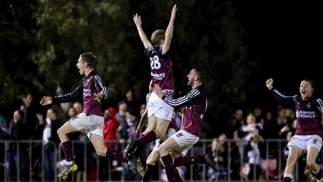 Jacob Leahey celebrates his winning penalty for Elizabeth Downs in its shock FFA Cup SA quarter-final triumph over MetroStars. Picture: Adam Butler