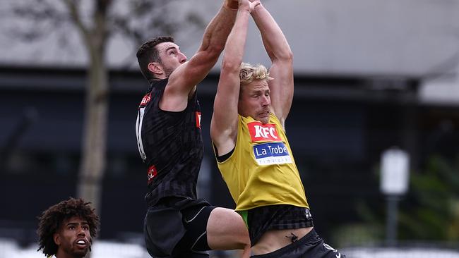 First-year recruits Billy Frampton and Dan McStay are set to be locked in an intriguing three-way battle with Ash Johnson for a spot in the Magpies’ forward line. Picture: Michael Klein