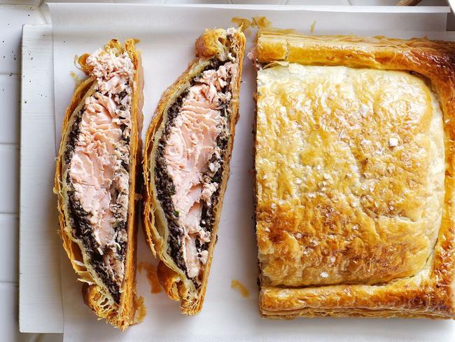 Salmon wellington with white wine cream sauce.