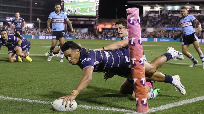 Murray Taulagi dives over in the corner. Picture: Mark Kolbe/Getty Images