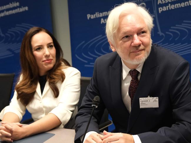 Julian Assange sits alongside his wife Stella at the Palais de l'Europe in Strasbourg to address the Committee of Legal Affairs and Human Rights of the Parliamentary Assembly of the Council of Europe on October 1, 2024. Photo: Jacquelin Magnay