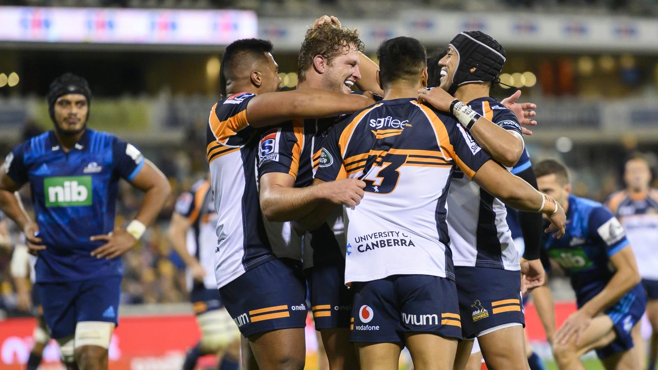 The Brumbies are celebrating a win over the Blues in Canberra.