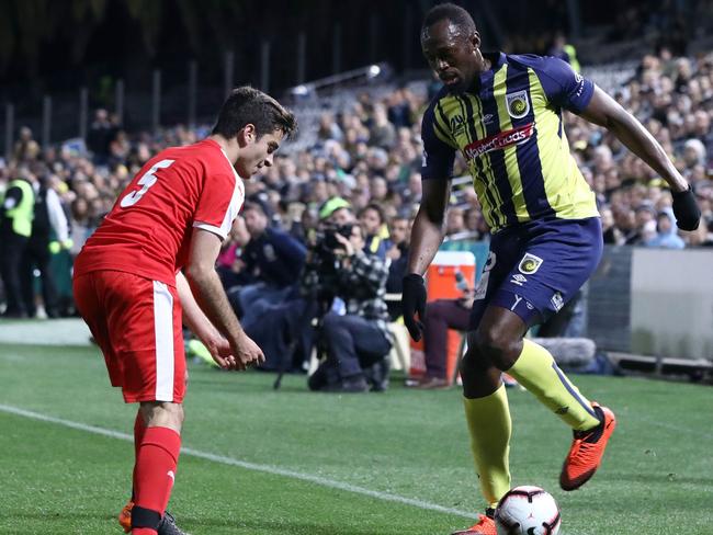 Usain Bolt during his first match for the Central Coast Mariners, in August. Picture: AFP