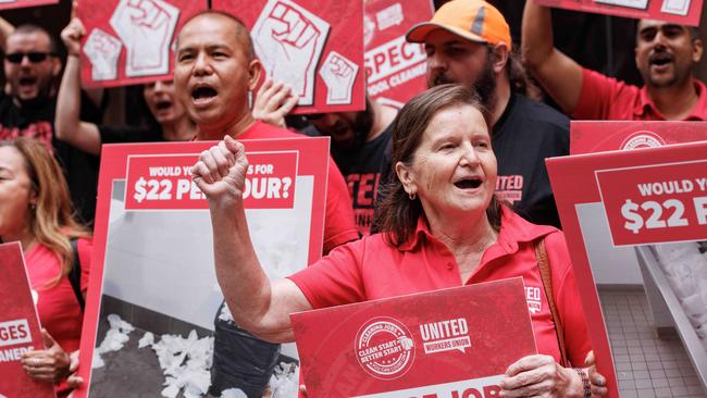 SYDNEY, AUSTRALIA - NewsWire Photos MARCH 21, 2023: School cleaners and the United Workers Union protested outside Dominic PerrottetÃs office today to demand better conditions. Milena Petrovic (front centre) has been in the industry for 23 years. Picture: NCA NewsWire / David Swift