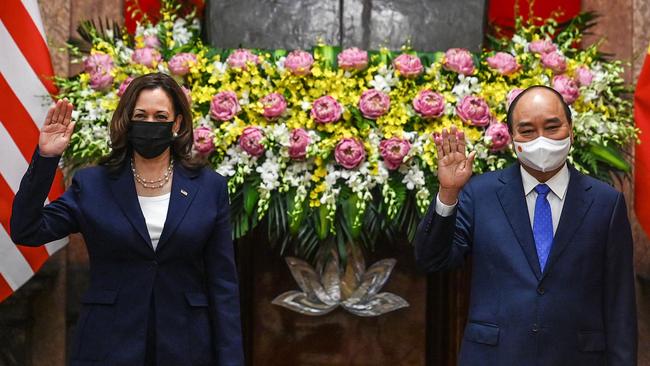 US Vice President Kamala Harris and Vietnam's President Nguyen Xuan Phuc in Hanoi in August 2021. Picture: AFP