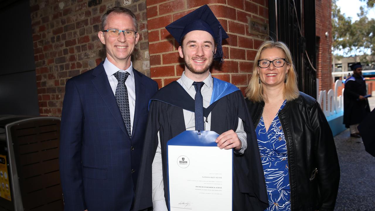 Stuart, Nathan and Alicia Keane at Deakin University post-graduation celebrations on Friday afternoon. Picture: Alan Barber