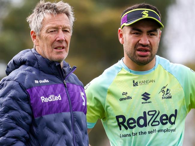 NRL Melbourne Storm coach Craig Bellamy talks with Jahrome Hughes at training in Melbourne. Picture: Ian Currie