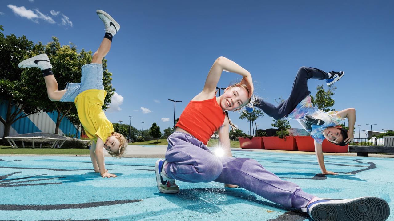 Little Breakers Lawson Mills, 7, Florence Mills, 8, and Rory Doyle, 9, from Mint Kids Hip Hop. Picture: Lachie Millard