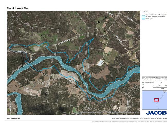 Emu Swamp Dam plans. The thin blue line indicates where the outline of the dam will be.