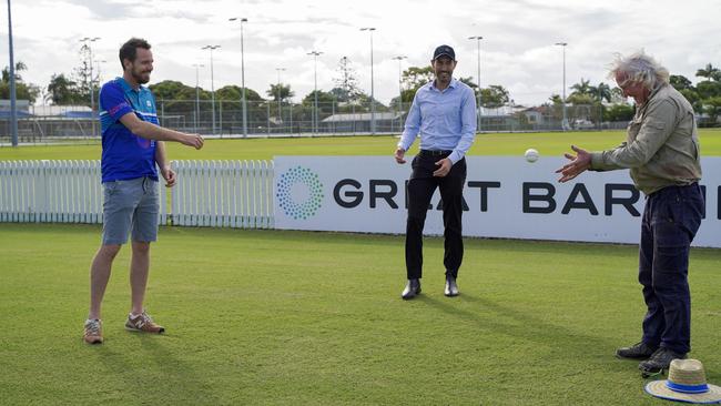 Great Barrier Reef Arena facility manager John Stock, Harrup Park Country Club general manager Adrian Young and grounds manager Bruce Bridger, testing out the lawn ahead before the first MI Scaffold Bash for Cash held at the arena over the May Day weekend, 2021. Picture: Heidi Petith