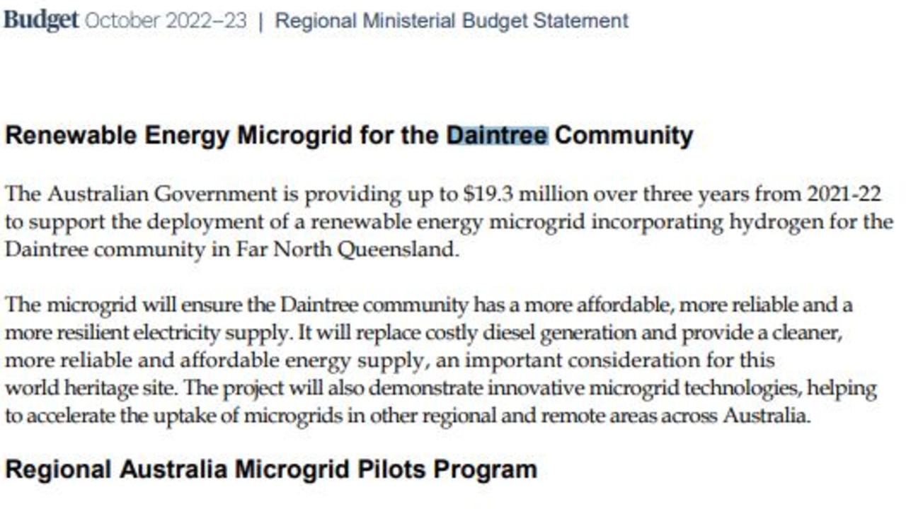 Page 54 of the October 2022-23 Regional Ministerial Budget Statement showing explaining the funding allocation for the Daintree Microgrid project.