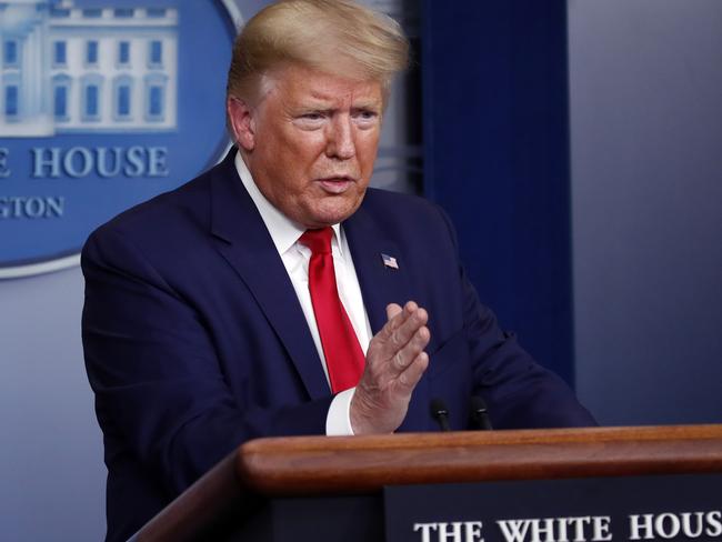 President Donald Trump speaks about the coronavirus at the White House today. Picture: AP