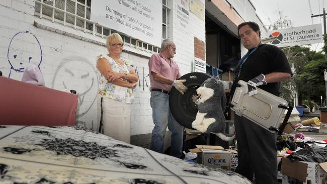 Brunswick East Brotherhood of St Laurence store‘s Danielle Bonello, Danny Carter and Wayne Baird with illegally-dumped goods.