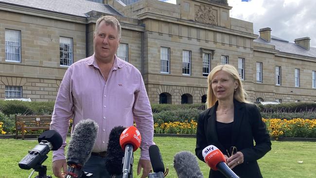 Independents John Tucker and Lara Alexander at Parliament House, Hobart, after crisis talks with Premier Jeremy Rockliff averted an immediate election call. Picture: Matthew Denholm